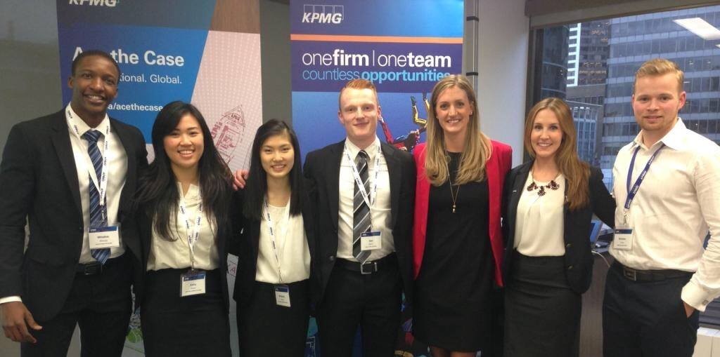 Beedie undergraduates Alex Mason and Mthabisi Mhlanga will travel to Dubai to represent Canada after winning the National stage of the 2015 KPMG Ace the Case competition. From left to right: Mthabisi Mhlanga, team member Kathy Huang, team member Kimberly Chang, Alex Mason, Kate Vondette, KPMG Manager of Talent Acquisition, Sarah Patterson, KPMG Talent Attraction Coordinator, and KPMG Staff Accountant Brandon Tracey.