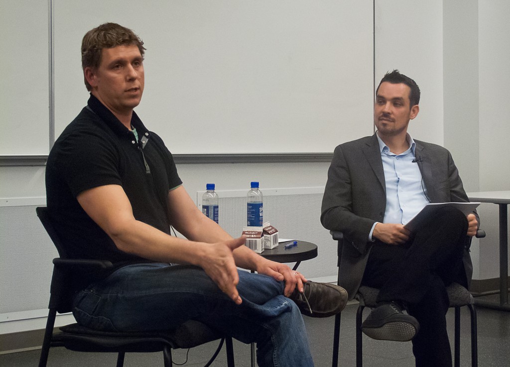 Greg Malpass (left) founder and CEO of Traction on Demand was interviewed by Beedie adjunct professor Shawn Smith as part of the BUS 238 Introduction to Entrepreneurship and Innovation class.