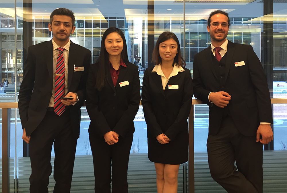 The Beedie School of Business 2016 PRMIA Risk Management Challenge at the CME Group Chicago office. From left to right: Mahad Farrukh, Ai Zhang, Chang (Emma) Liu, and Salvatore Moustakas.